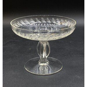 Antique Pedestal Footed Stem Tazza Compote Etched Glass Design 3.5” X 4.5”